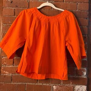 Everlane Gathered Seersucker Cotton Half Sleeve Orange Blouse Sz S Pullover